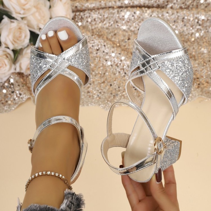 Women'S Formal Wear To A Wedding - 女性ブロックヒールサンダルゴールドキラキラクロスストラップアンクルバックルオープントゥプロムウェディングパーティーエレガントドレスシューズ履物 2026