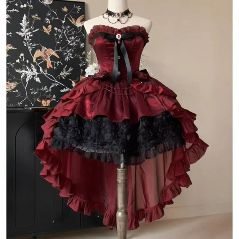 Victorian Women'S Formal Wear - ビクトリア朝の甘いエレガントなロリータドレス女性ヴィンテージゴシックボウフリルローズトレーリングプリンセスドレス Y2k かわいいイブニングパーティードレス